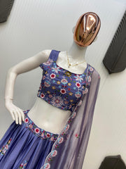 Beautiful Chinon Silk Multi Thread Sequence Embroidery Work Lehenga With Koti