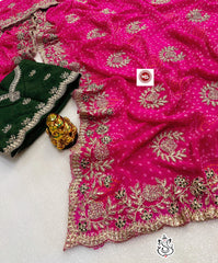 Beautiful Georgette Bhandhini Printed Zarkan Diamonds Work Saree