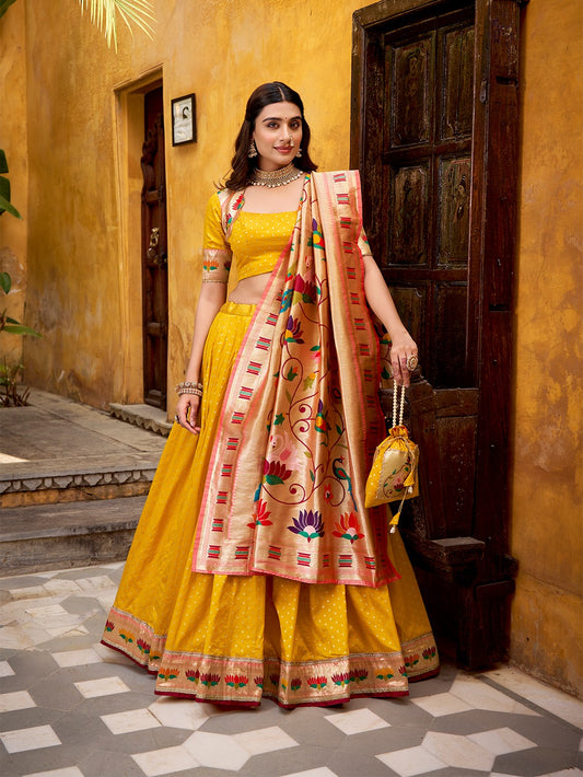 Traditional Silk Paithani Zari Weaving Work With Lace Border Lehenga Choli