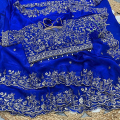 Party-wear Fendy Satin Embroidery Sequence Work Saree With Stitched Blouse