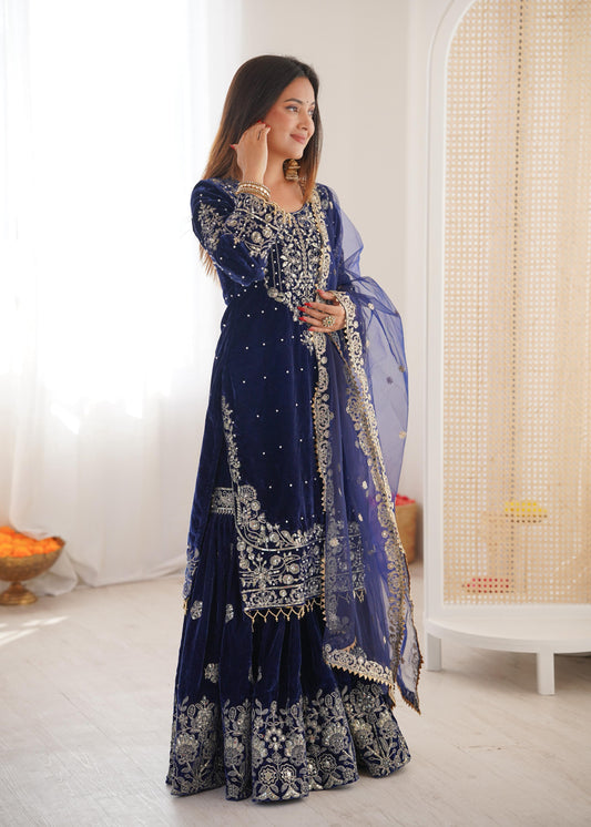 Partywear Viscose Velvet Cording Dori Embroidery with Sequin Work Suit