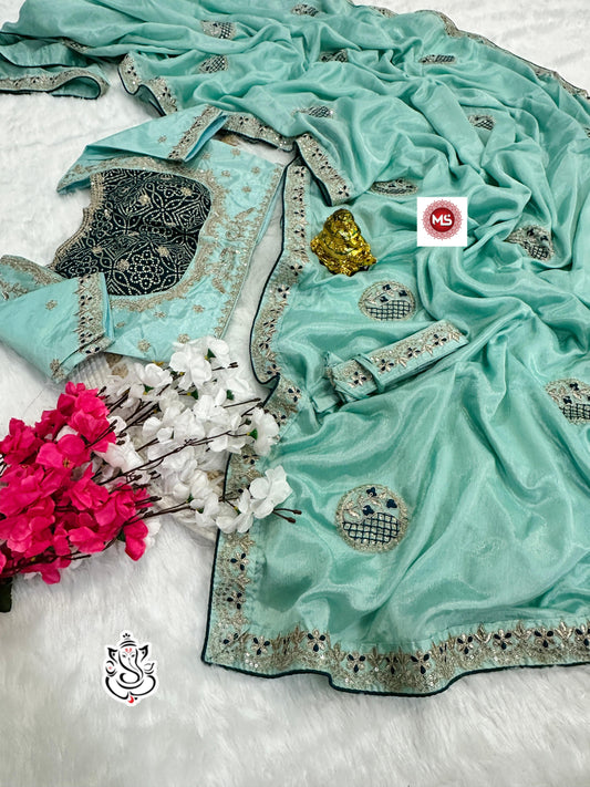 Party-wear Chinon Silk Blouse Full Stitched Koti Style Saree