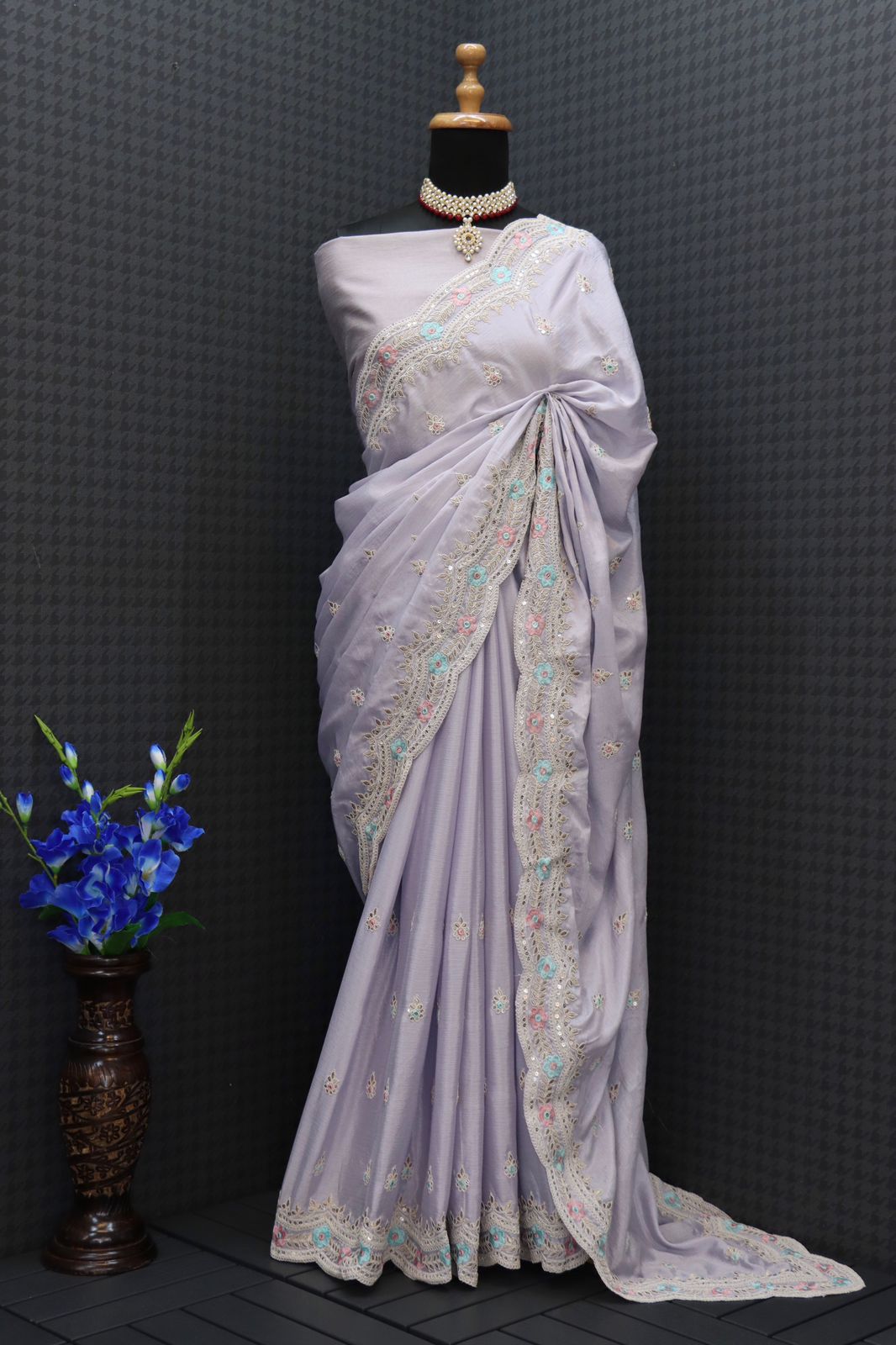 Diamond Chinon Silk with Heavy Embroidery Work Saree