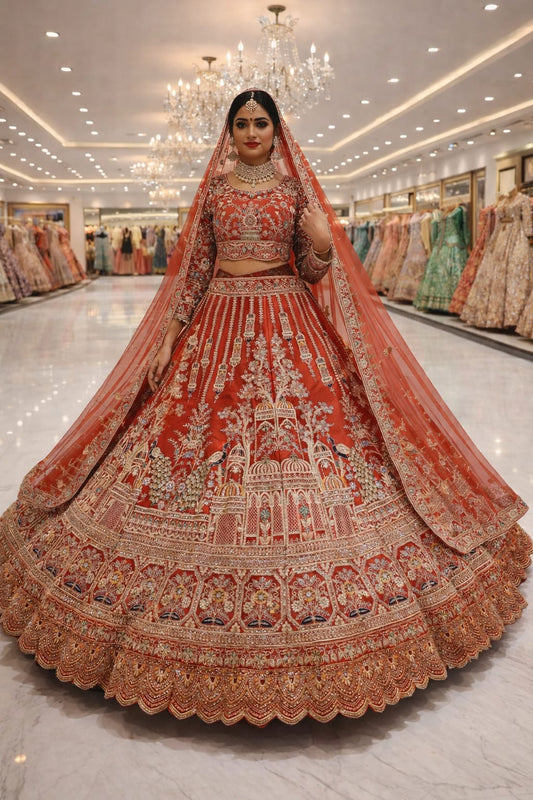 Trending Premium Silk With Zarkan Diamond & Embroidery Work Rust Orange Bridal Lehenga