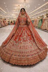 Trending Premium Silk With Zarkan Diamond & Embroidery Work Rust Orange Bridal Lehenga