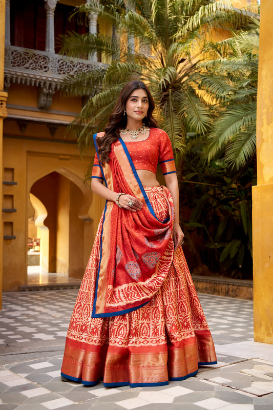 Beautiful Dola Silk Batik Printed With Zari Weaving Work Lehenga Choli