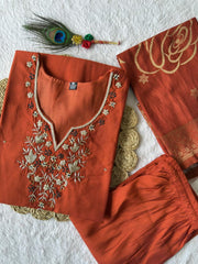 Beautiful Rust Orange Roman Silk Hand Work Dress