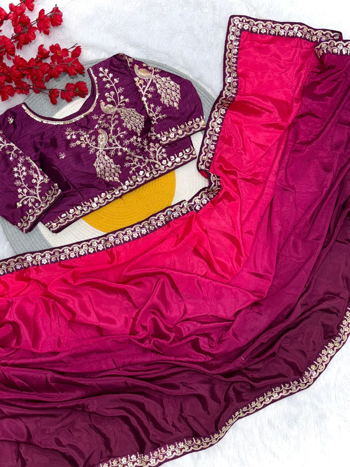 Party-wear Blooming Chinon Peding Silk Saree With Stitched Blouse