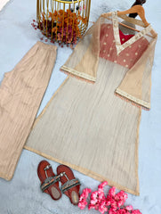 Designer Golden Tissue Salsa Embroidery Sequence Work Three Piece Kurta Set
