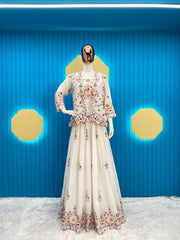 Beautiful Chinon Silk Multi Thread Sequence Embroidery Work Lehenga With Koti