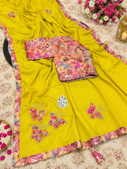 Elegant Chinon Silk Saree With Butterfly Handwork & fancy Lace Border Saree