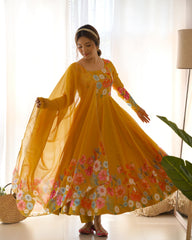 Attractive Organza Silk Printed Work Gown