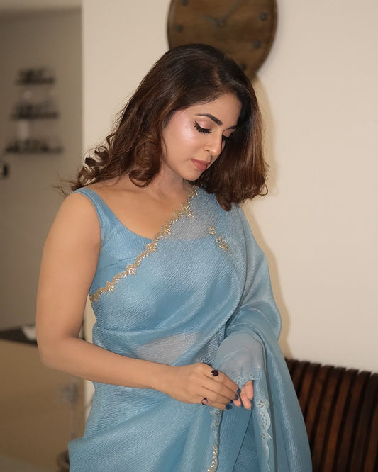 Party-wear Soft Pixel Crush Cover With Beautiful khatli Cut Dana Handwork Saree