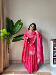 Party-wear Chinon Silk Printed Embroidery Work Sharara