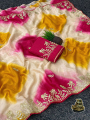 Beautiful Soft Chinon Silk Sibori Multi Colour Saree