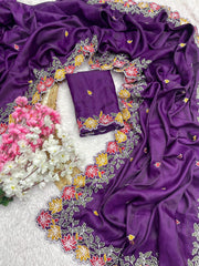 Party-wear Soft Tussar Silk Thread Embroidery Work Saree