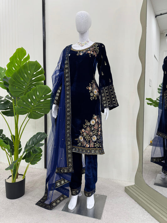 Beautiful Designer Viscose Velvet Thread With Sequence Work Suit