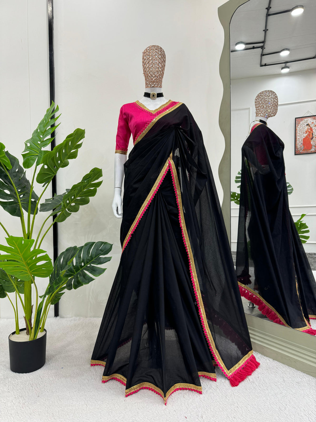 Black Beautiful Mul Cotton Fancy Lace Border Saree