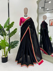 Black Beautiful Mul Cotton Fancy Lace Border Saree