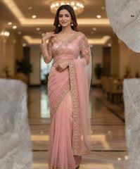 Party-wear Butterfly Net Embroidery Sequins Work Saree