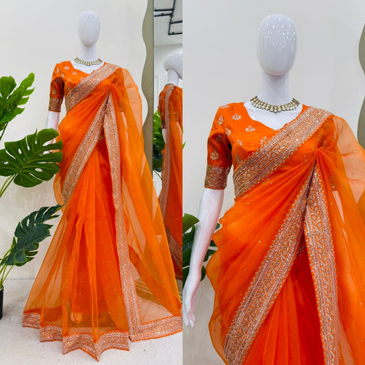 Party-wear Organza Thread & Sequence With Diamond Work Saree