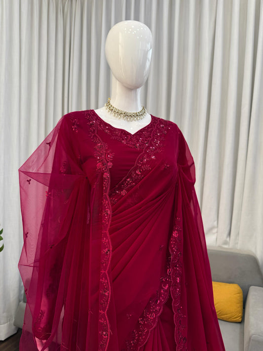 Elegance Redefined Red Georgette Thread & Sequence Work Saree