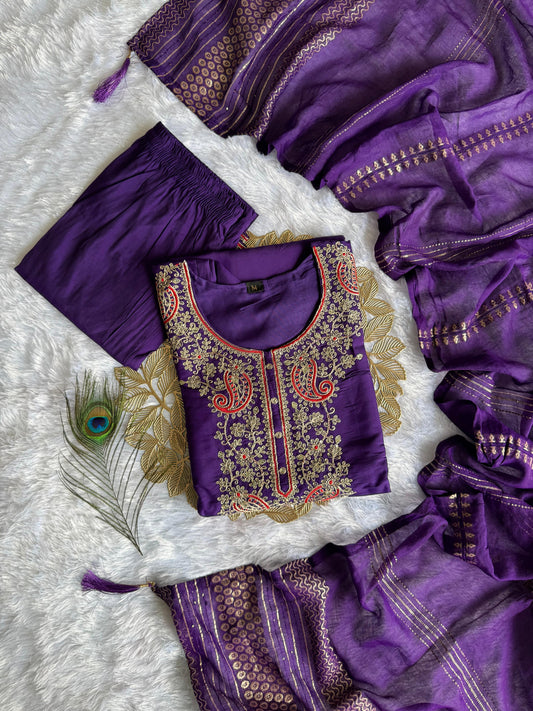 Beautiful Roman Silk With Embroidery & Sequence Work Purple Dress
