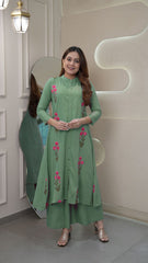 Stylish Rayon Embroidery Work Long Flair Kurti With Palazzo