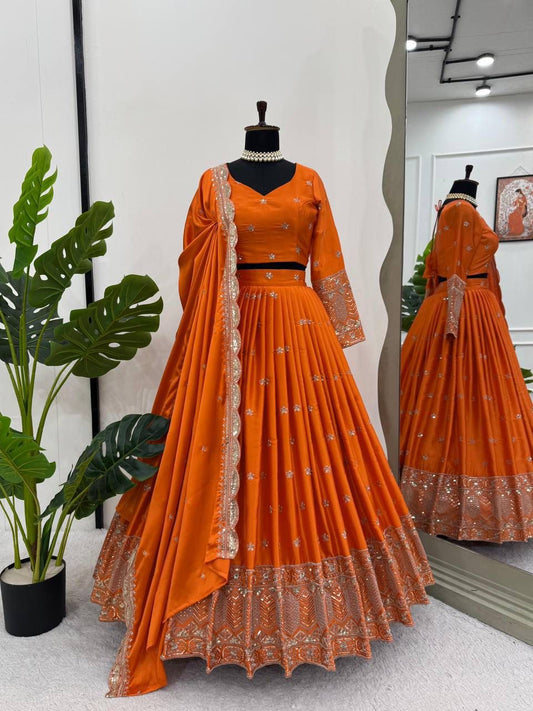 Beautiful Orange Satin Silk Thread With Sequence Work Lehenga Choli