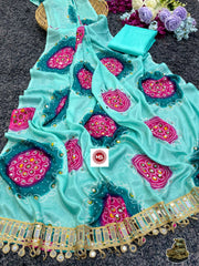 Beautiful Chinon Silk Mirror Handwork Saree