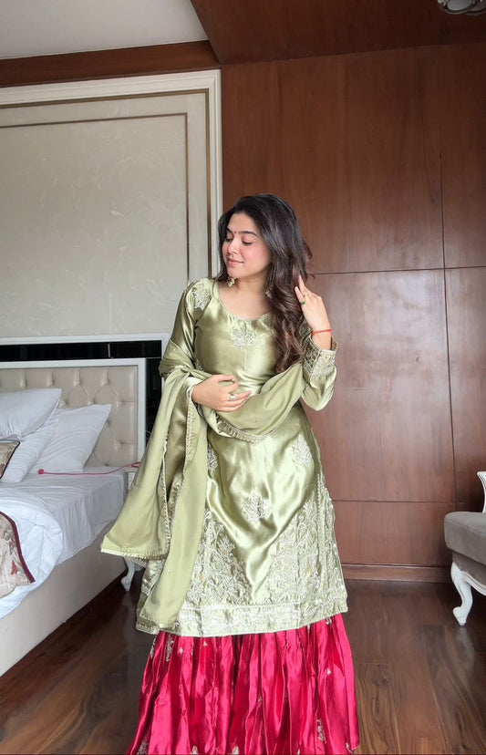 Beautiful Moss Satin Sequence Embroidery Work Suit