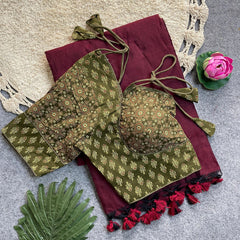 Beautiful Khadi Cotton Silk Saree With Designer Ready-made Ajrakh Cotton Blouse
