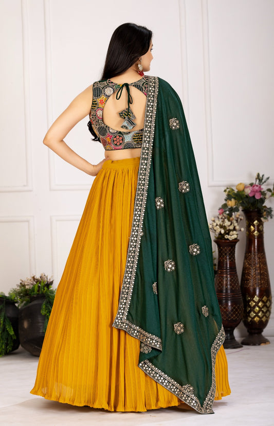 Beautiful Haldi Special Georgette Plain With Crease Work Lehenga Choli
