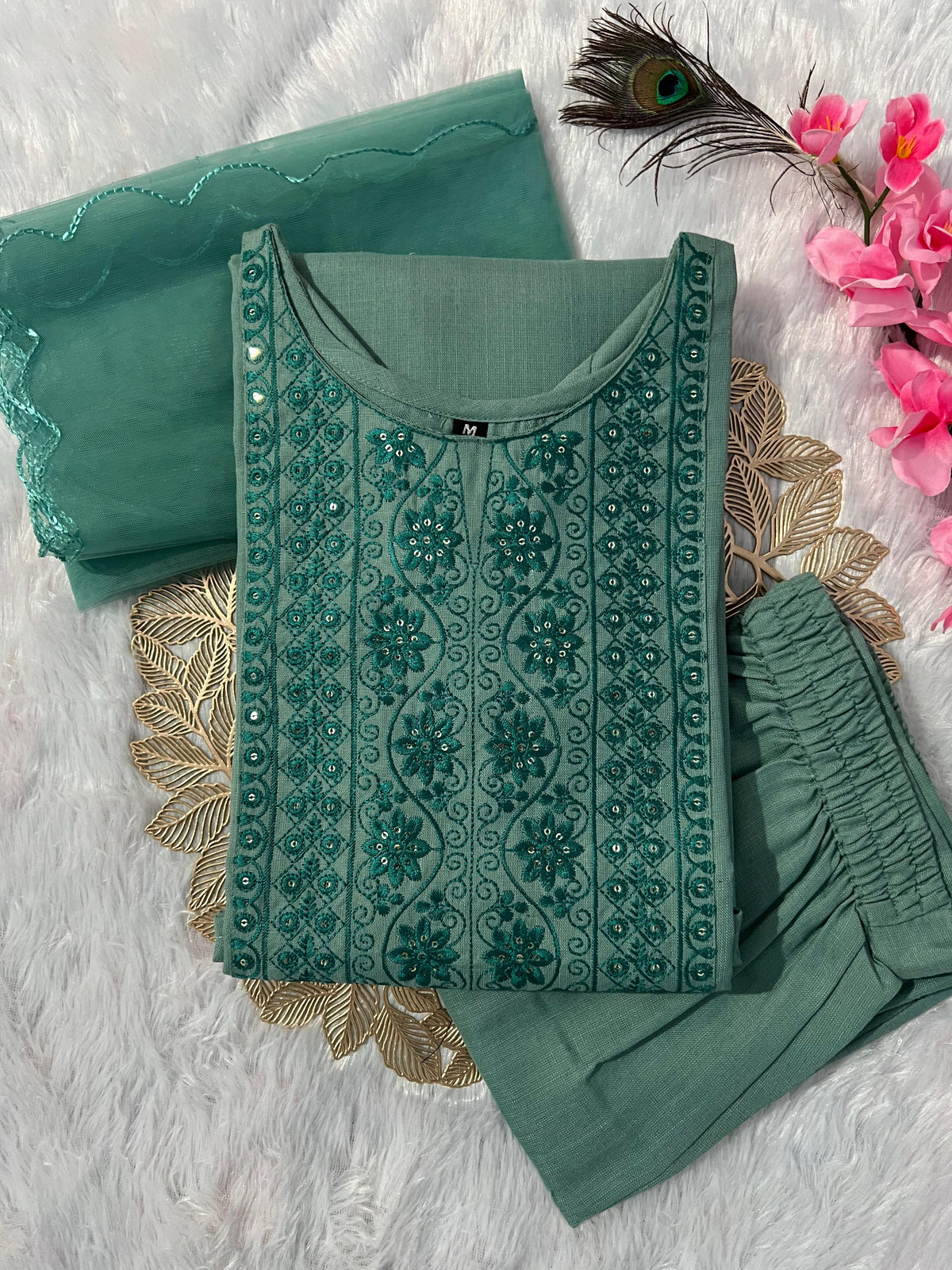 Beautiful Slub Cotton With Embroidery & Sequence Work Dress