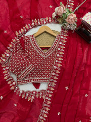 Trending Designer Cherry Red Fendy Silk Beads Thread & Sequence Work Saree