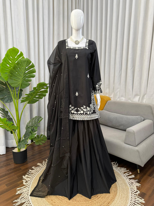 Elegant Black Natural Crepe Thread With Sequence Work Sharara
