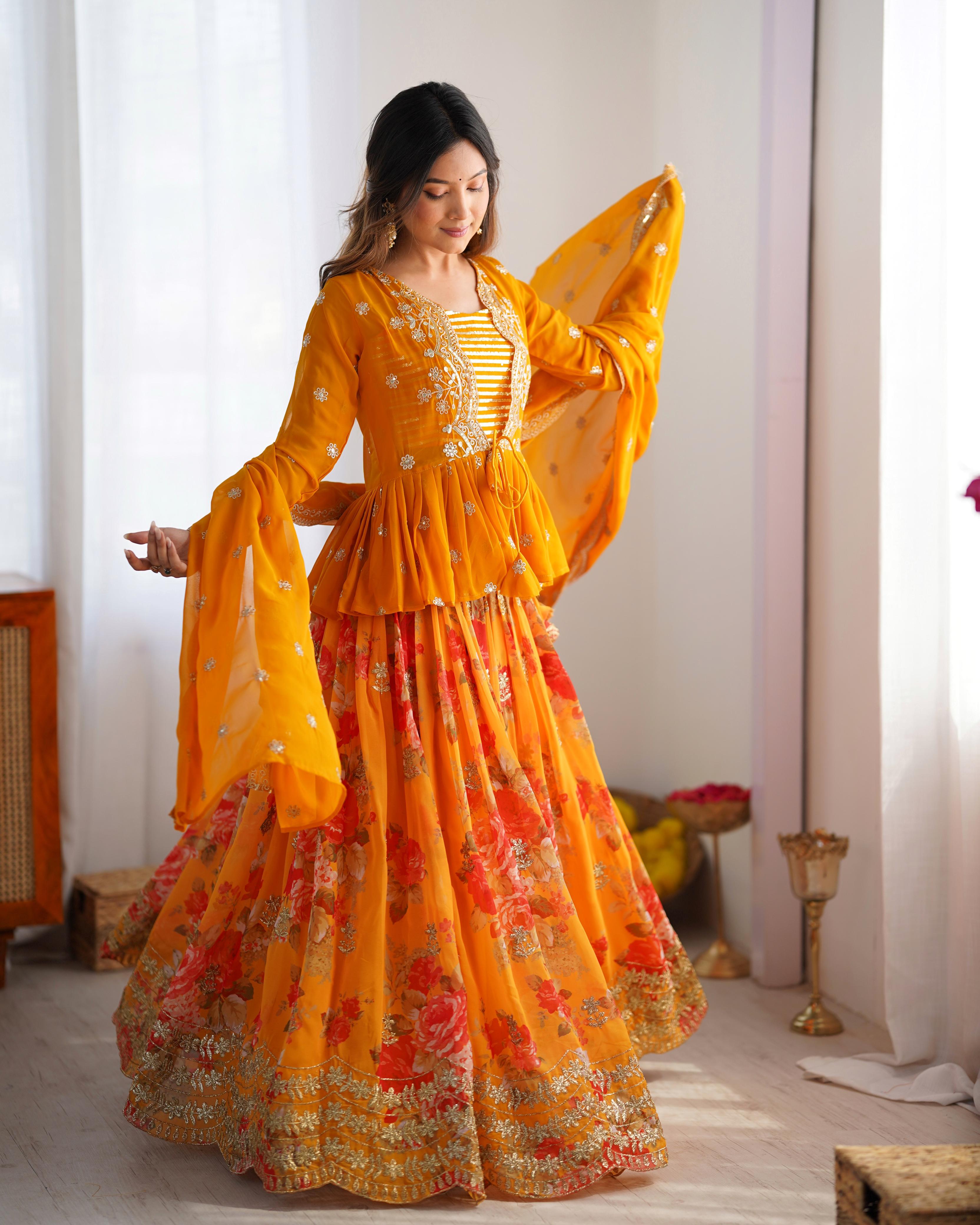 Trendy Stylish Georgette With Digital Printed Yellow Lehenga Choli