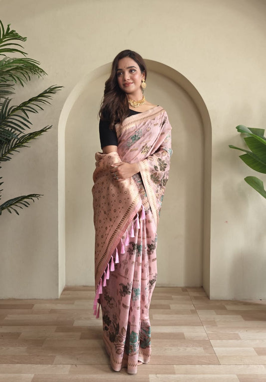 Beautiful Pure Muga Cotton Jamdani Style Weaving Saree