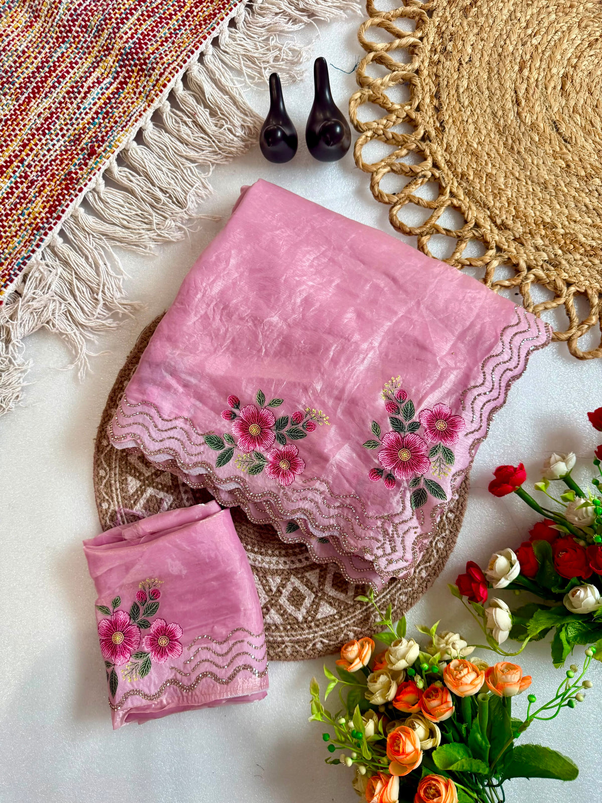 Beautiful Fendy Silk Satin Zarkhan Diamond With Flower Printed Saree