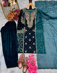 Designer  Heavy Pure Viscose Velvet Embroidery Sequence Work Suit