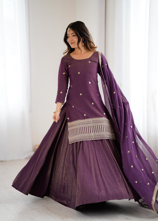 Elegant Wine Purple Chanderi Silk Embroidery Kurta Lehenga Set With  Dupatta