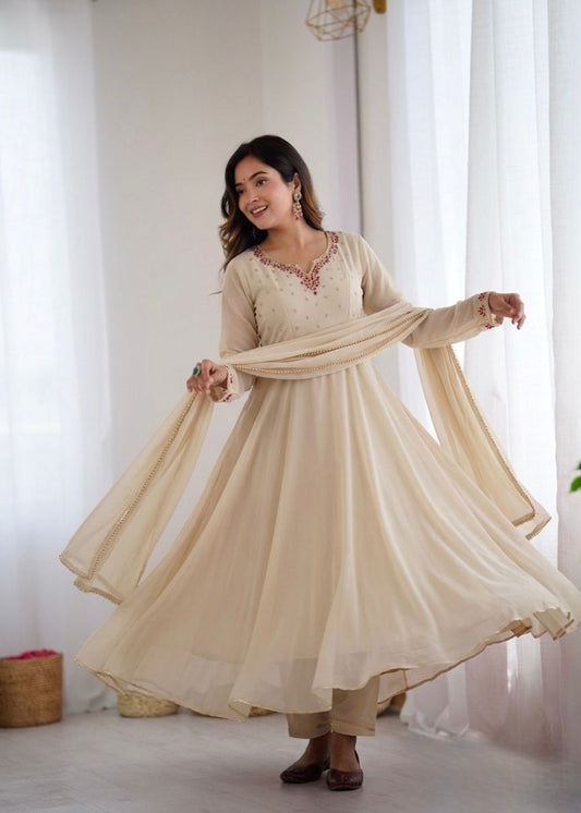 Party-Wear Georgette Handwork Neck Sleeve Fully Stitched Gown
