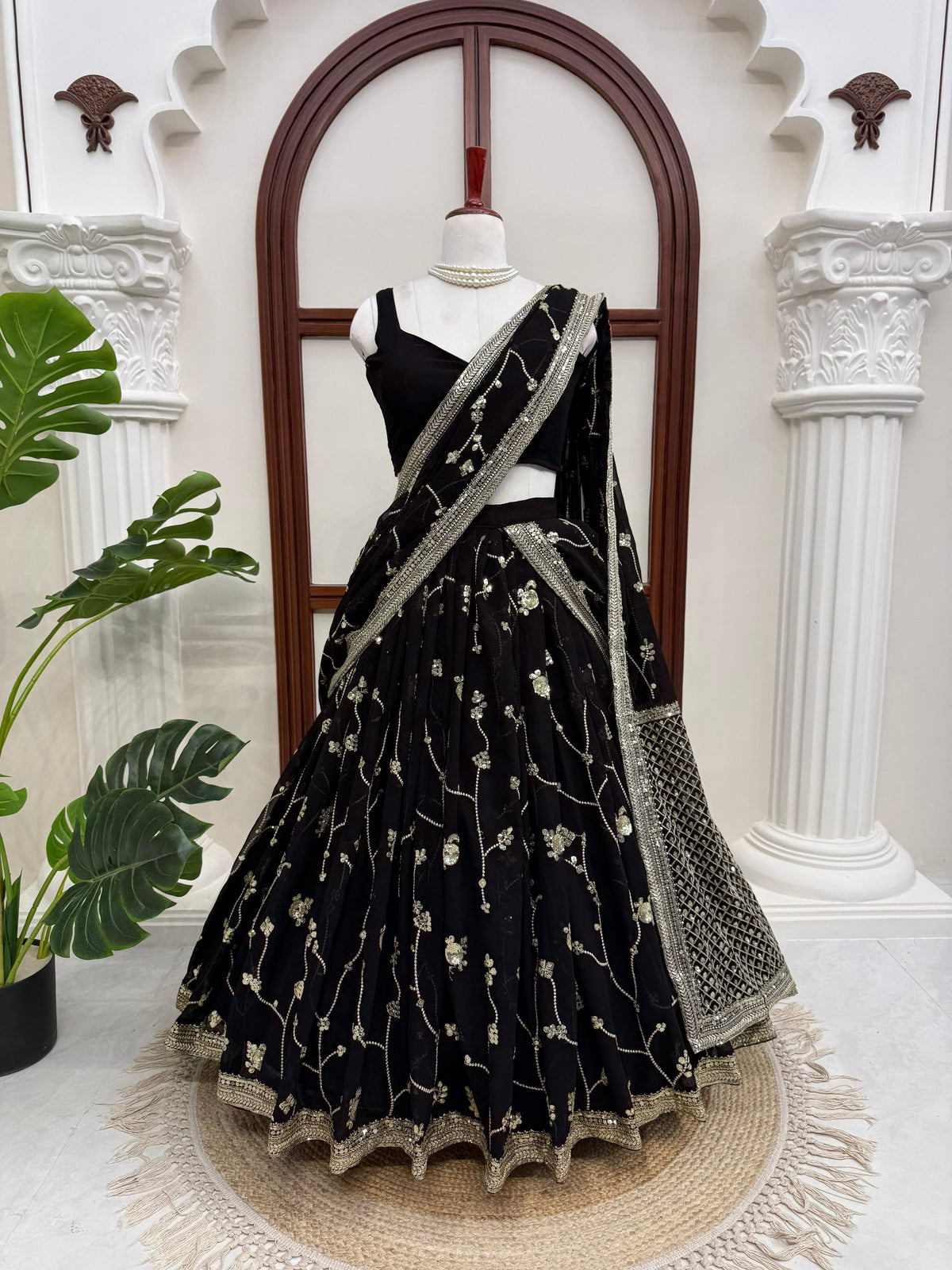 Trendy Black Georgette Thread Sequence Work Lehenga Saree
