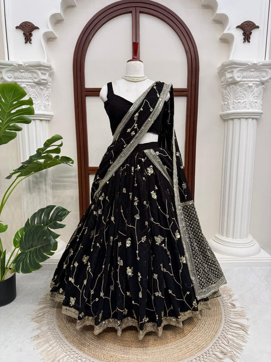 Trendy Black Georgette Thread Sequence Work Lehenga Saree