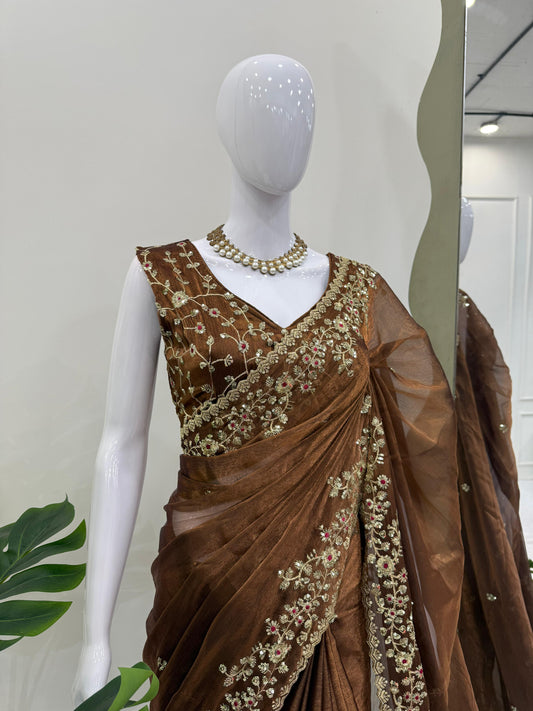 Beautiful Brown Burberry Silk Thread With Sequence Work Saree