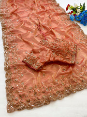Beautiful Space Silk With Beautiful Original Golden Beads Work Saree With Stitched Blouse