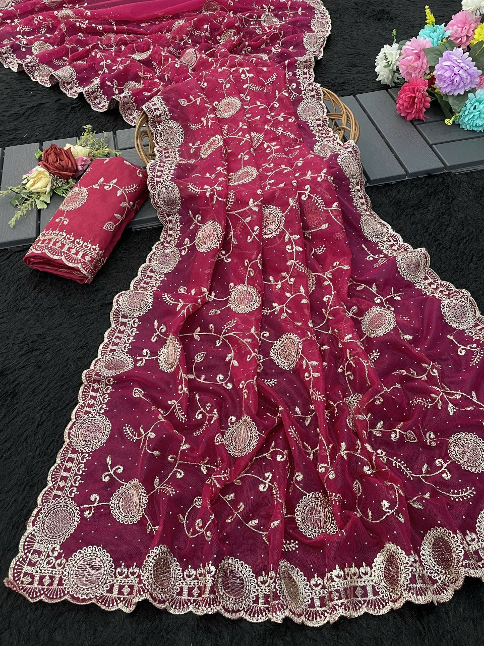 Tissue Silk Multi Thread Embroidery Work Saree