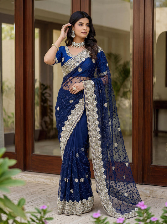 Party-wear Net Embroidery With Pearls Diamond Work Saree