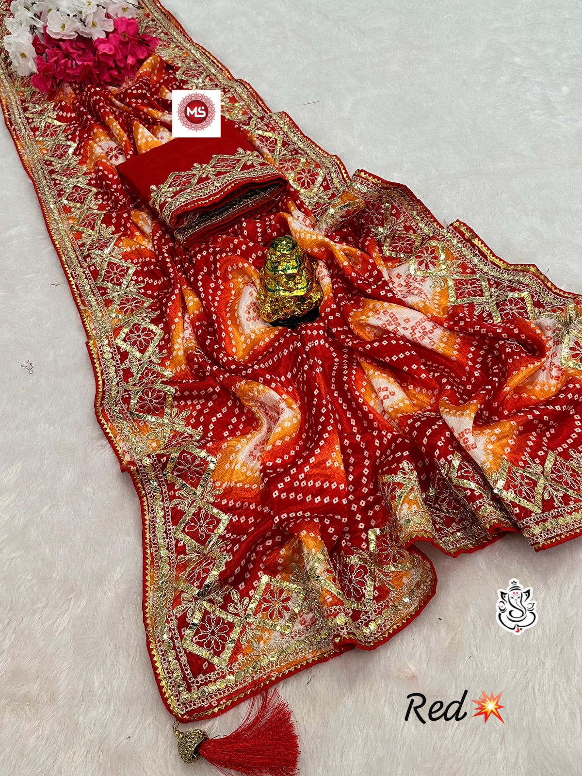 Trending Digital Chinon Silk Bandhej Gottpati Work Saree