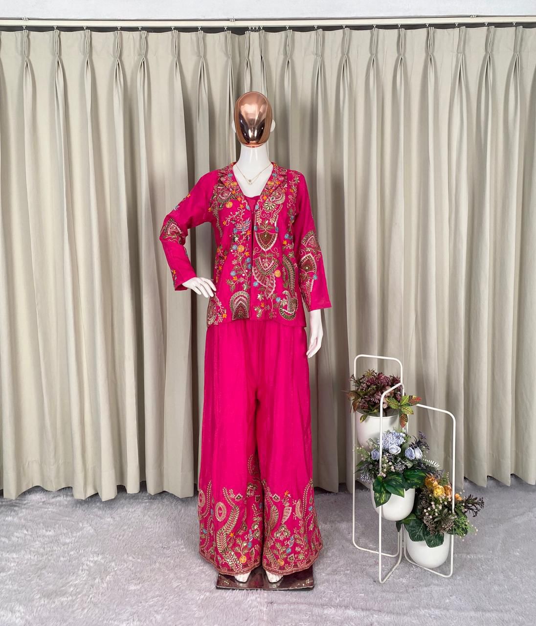 Party-wear Designer Chinon Silk Sequence Embroidery Work 3 Piece Set